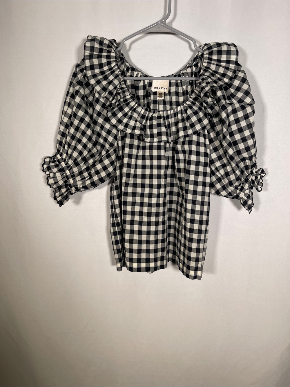 INDUSTRY WOMENS GINGHAM COTTON PUFF SLEEVE BLOUSE MEDIUM
